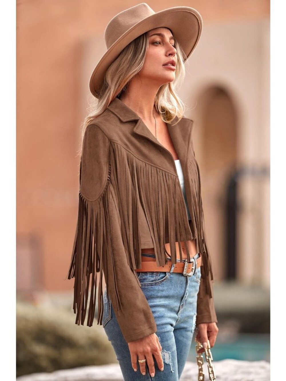 Women's Coffee Polyester Blend Faux Suede Leather Motorcycle Cropped Jacket - Picture 3 of 6